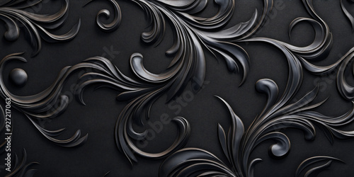 Elegant black texture with intricate embossed floral patterns, ideal for sophisticated and luxurious designs, selective focus