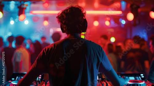 A DJ commands the dance floor, his silhouette bathed in vibrant neon lights as he mixes tracks, electrifying the crowd with high-energy beats.