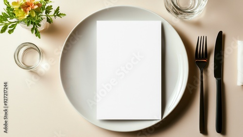 Wallpaper Mural Stylish dining table setting featuring a menu on a plate, elegant cutlery, and a fresh flower arrangement. Torontodigital.ca
