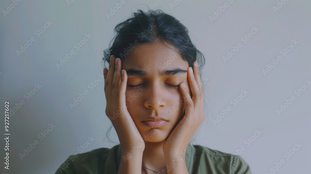 A woman with eyes closed, hands holding her head, conveying a sense of reflection or stress in a serene, softly lit environment. A woman with eyes closed, hands holding her head, conveying a sense of reflection or stress in a serene, softly lit environment.