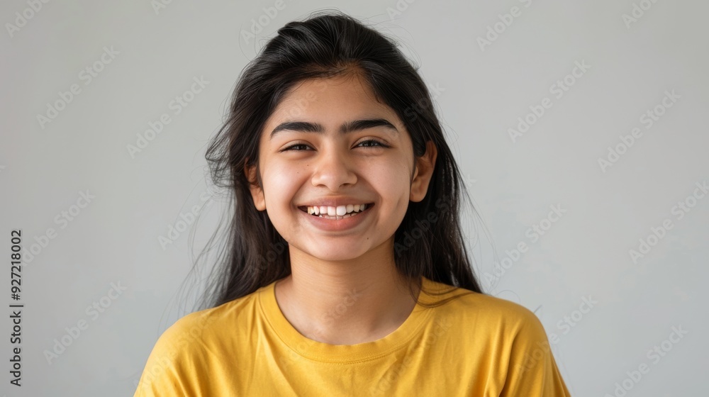 A young woman with long dark hair smiles warmly at the camera, radiating joy against a plain background. A young woman with long dark hair smiles warmly at the camera, radiating joy against a plain background.