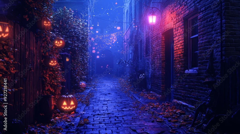 Dark alley, spooky Halloween decor, empty area for text, flat design illustration Dark alley, spooky Halloween decor, empty area for text, flat design illustration
