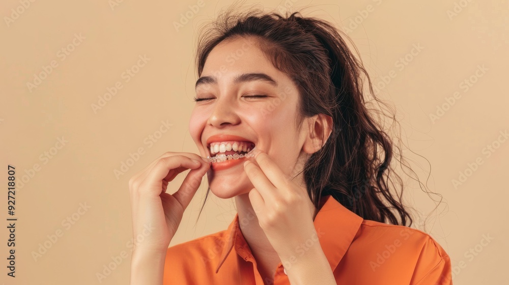 A joyful woman laughing and fitting clear orthodontic aligners, exuding confidence and happiness. A joyful woman laughing and fitting clear orthodontic aligners, exuding confidence and happiness.