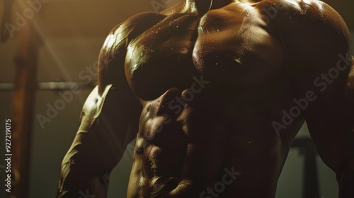 Glowing, muscular physique glistening under light, showcasing strength and dedication in a gym environment.