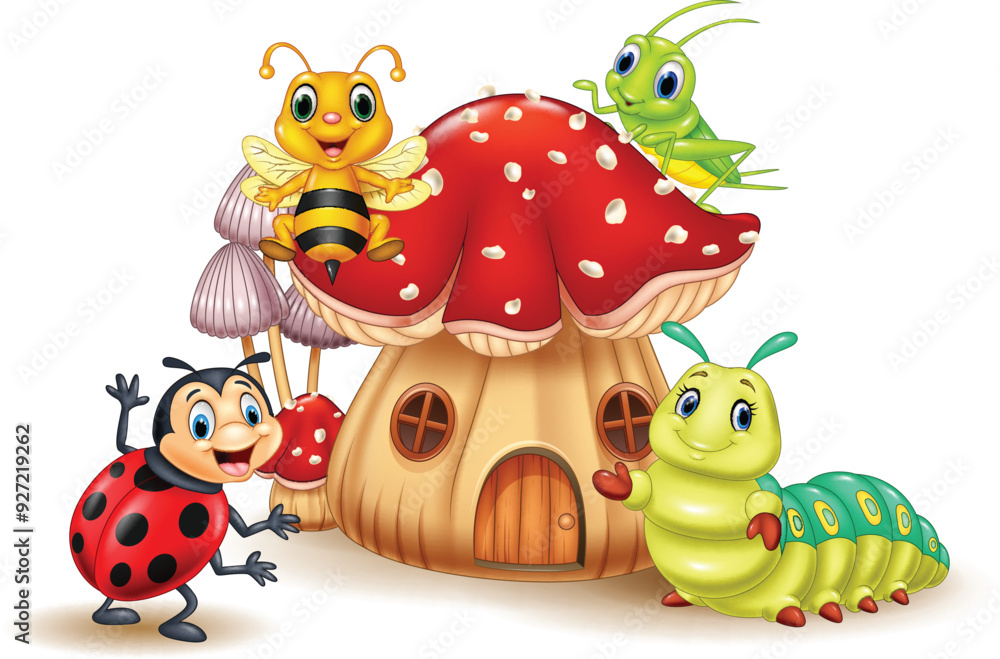Obraz premium cute insect cartoon illustration with mushroom house