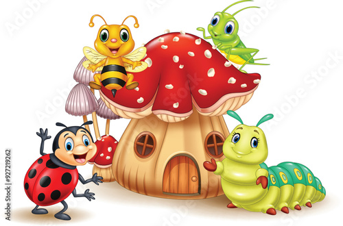 cute insect cartoon illustration with mushroom house