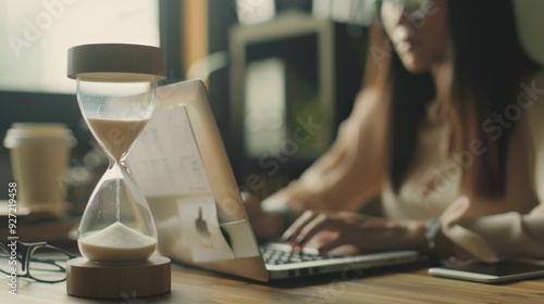 An hourglass and laptop on a wooden desk, highlighting the concept of time management and productivity in a modern workspace.