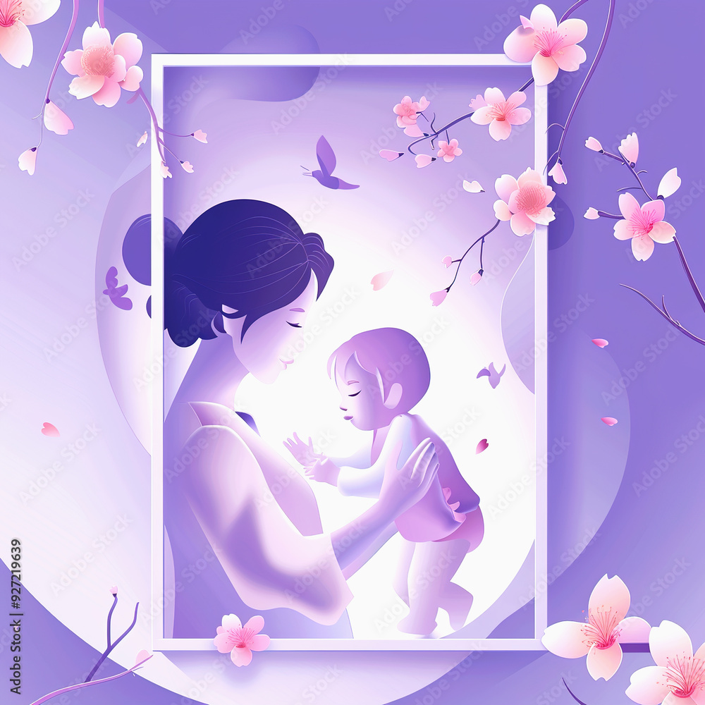 Mother and Child Framed by Blooming Cherry Blossoms Mother and Child Framed by Blooming Cherry Blossoms