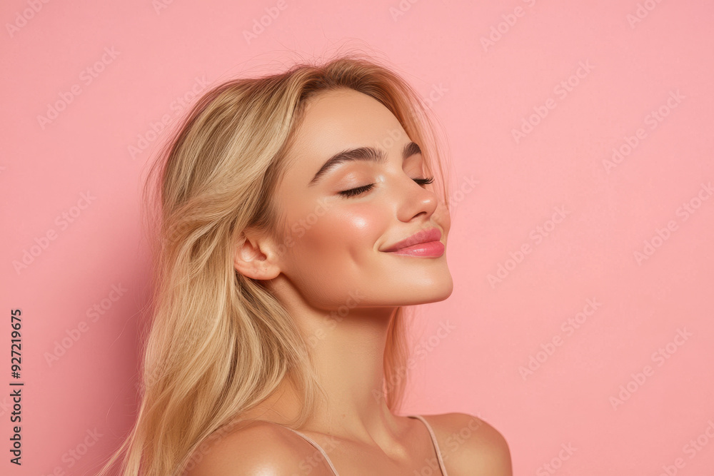 A close up of a woman's face with her eyes closed and long blond hair A close up of a woman's face with her eyes closed and long blond hair