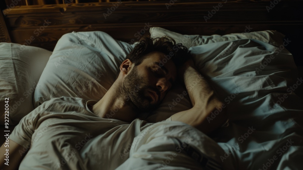 Obraz premium A man peacefully sleeps in a dimly lit room, with soft light casting gentle shadows around.