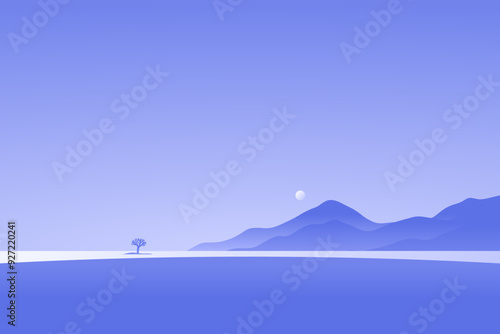 Minimalist landscape poster with lonely tree on island against mountain. Wild nature scene hand drawn painting. Lake and cliffs at twilight art wallpaper for prints and decoration. Vector illustration