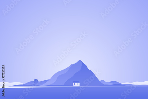 Minimalist landscape poster with lonely tree on island against mountain. Wild nature scene hand drawn painting. Lake and cliffs at twilight art wallpaper for prints and decoration. Vector illustration