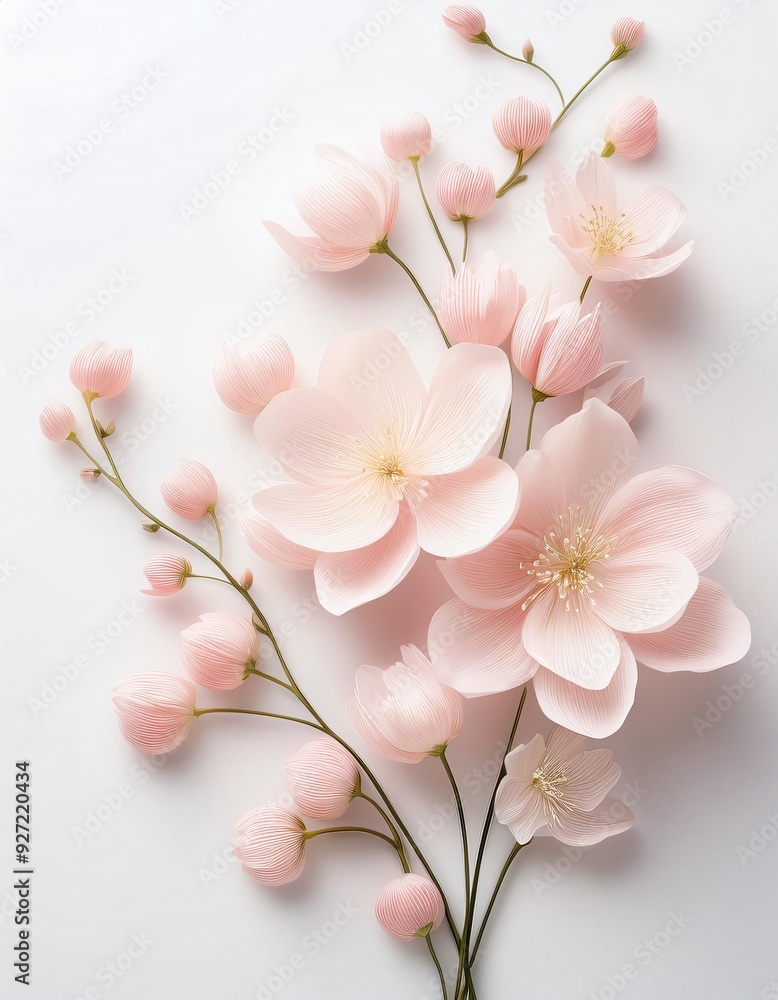 Bouquet of pink paper flowers is lying on a white background Bouquet of pink paper flowers is lying on a white background