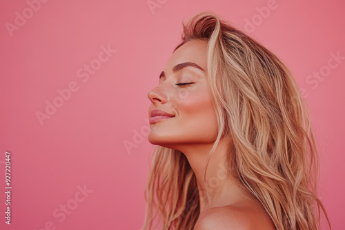 A close up of a woman's face with her eyes closed and long blond hair