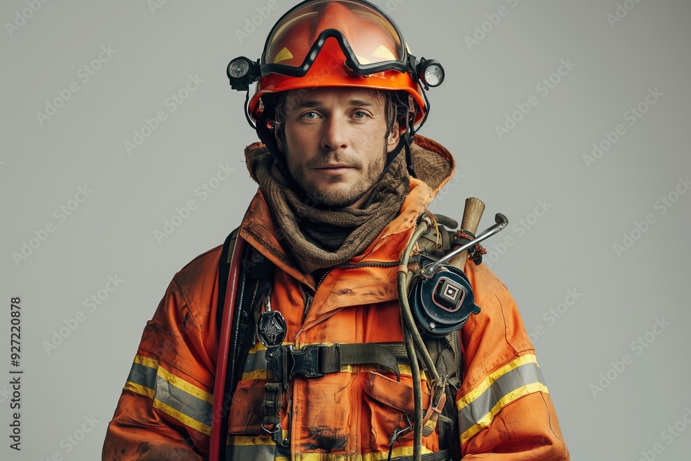 A firefighter in full gear, wearing a helmet with a visor and a headlamp, looks directly at the camera. A firefighter in full gear, wearing a helmet with a visor and a headlamp, looks directly at the camera.