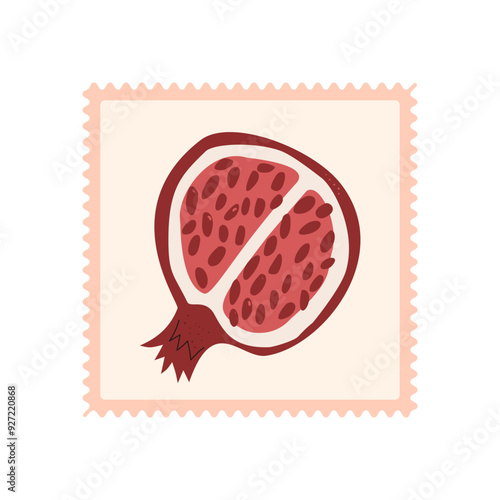 Pomegranate cut square emblem. Fruit retro sticker. Vector hand drawn illustration