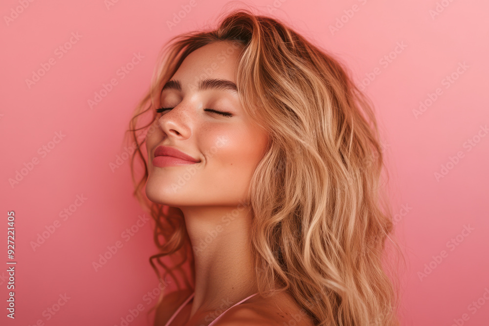A close up of a woman's face with her eyes closed and long blond hair A close up of a woman's face with her eyes closed and long blond hair