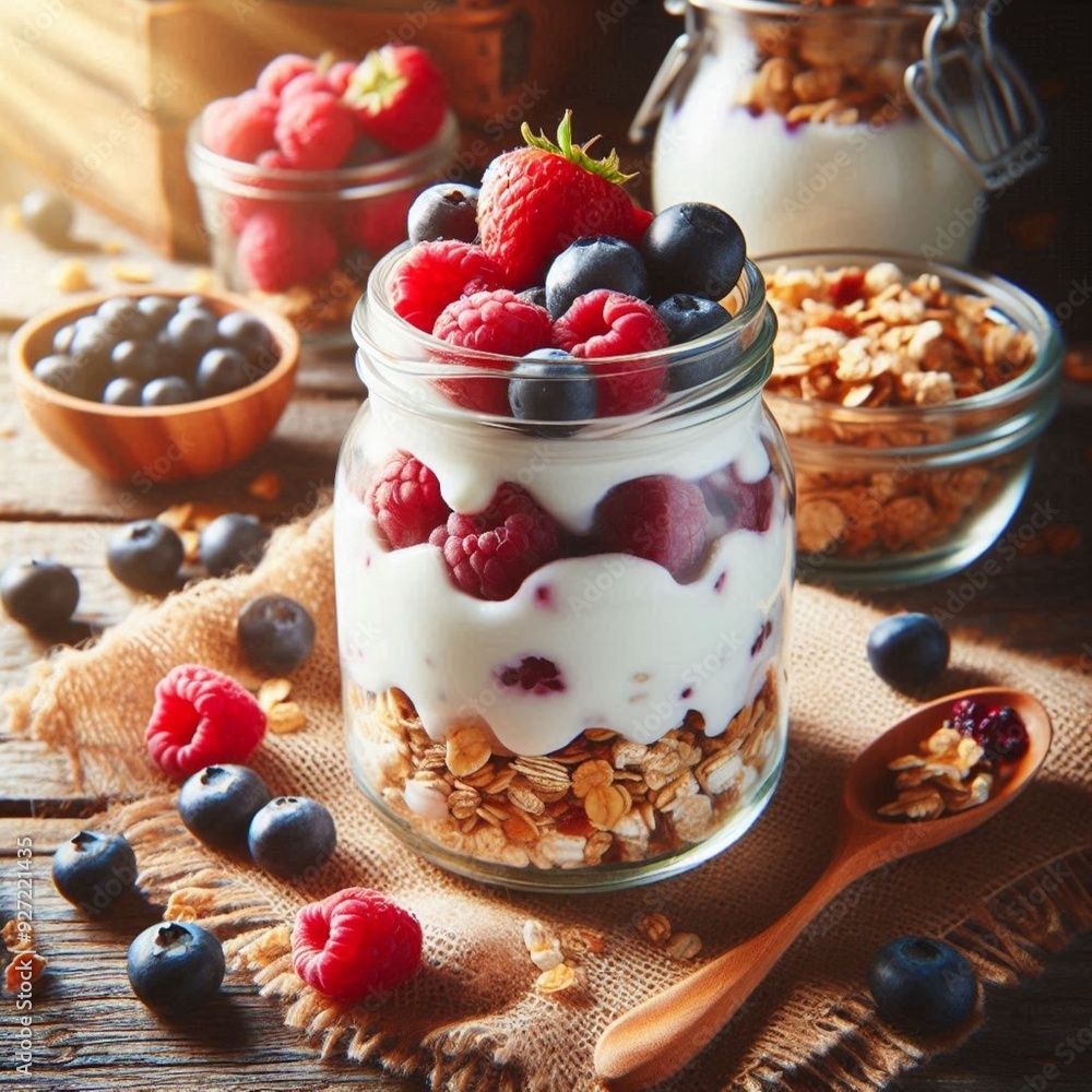 Healthy Breakfast Parfait with Yogurt, Granola, and Fresh Berries on Rustic Wooden Surface. Healthy Breakfast Parfait with Yogurt, Granola, and Fresh Berries on Rustic Wooden Surface.