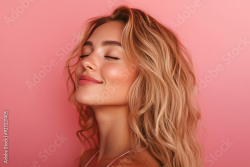 A close up of a woman's face with her eyes closed and long blond hair