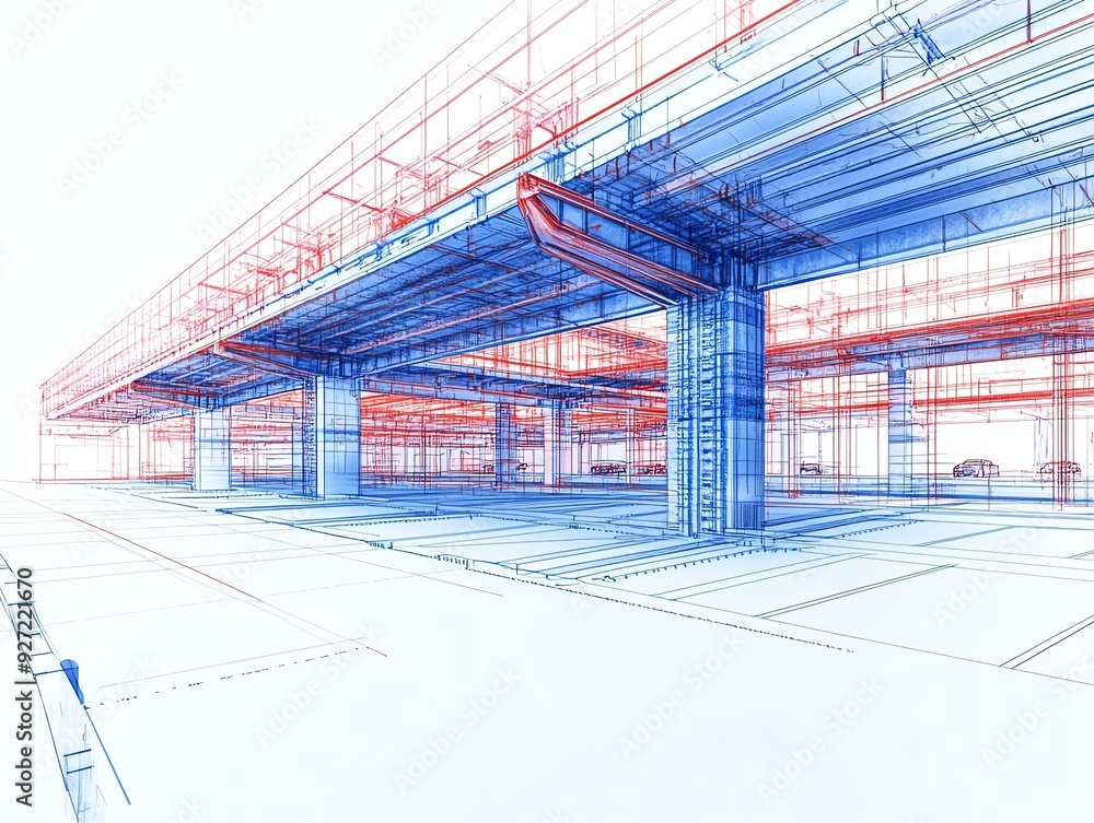 Obraz premium Conceptual blueprint of a multilevel parking structure, with a focus on the patterned assembly of ramps and support beams Infrastructure Pattern Assembly, Parking structure