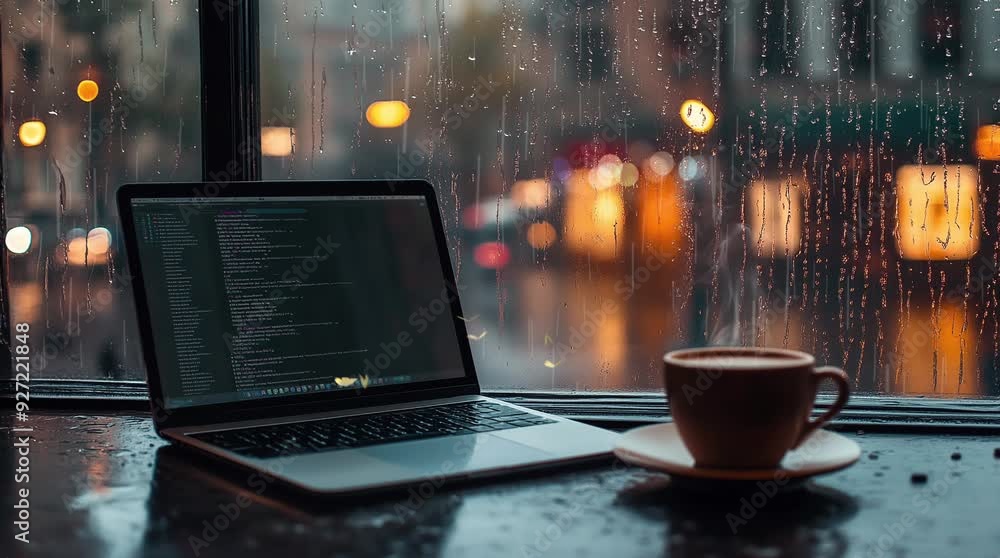 Cup of coffee and a laptop on a table by a window, with rain falling outside and a view of the town, creating a cozy and productive Seamless looping 4k time-lapse virtual video animation Generated AI Cup of coffee and a laptop on a table by a window, with rain falling outside and a view of the town, creating a cozy and productive Seamless looping 4k time-lapse virtual video animation Generated AI