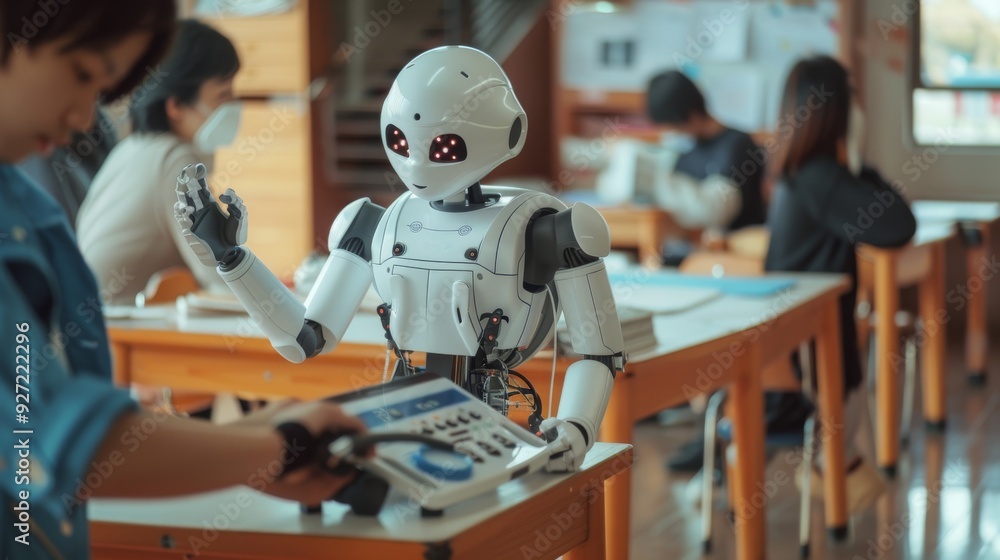 Friendly robot interacting with students in a classroom, demonstrating the integration of AI in modern education. Friendly robot interacting with students in a classroom, demonstrating the integration of AI in modern education.