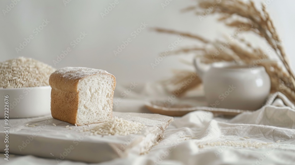 Rustic bread loaf on a wooden board with grains and decor in a minimalist, serene kitchen setting. Rustic bread loaf on a wooden board with grains and decor in a minimalist, serene kitchen setting.