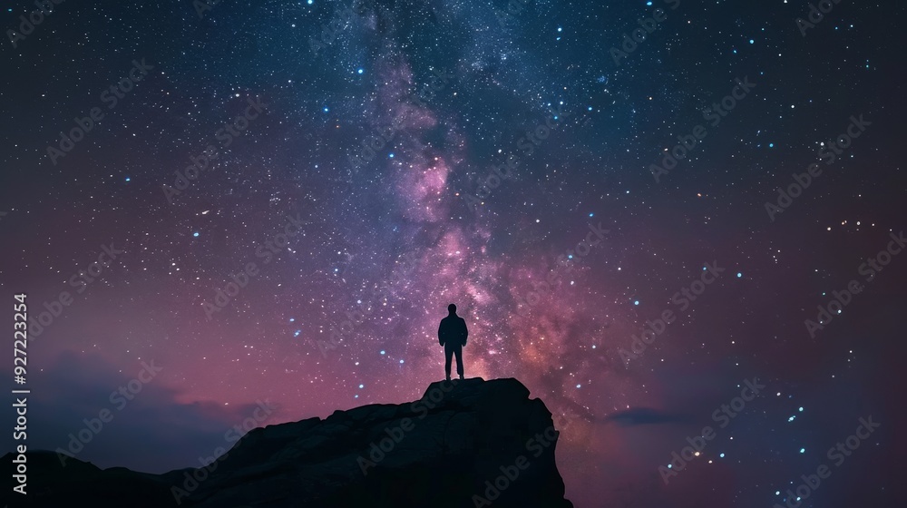 Fototapeta premium A lone individual stands on a rocky cliff, gazing up at the vibrant, star-filled night sky, deeply immersed in the wonders of the universe.