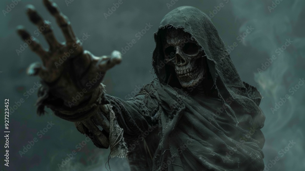 A grim reaper figure is shown against a dark, misty background. A grim reaper figure is shown against a dark, misty background.