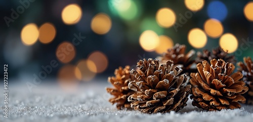 Blurred Abstract Background With Pine-cones And Colorful Shiny Bokeh - WinterChristmas photo