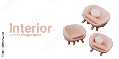 Realistic armchair with upholstery. Modern soft furniture for stylish interior