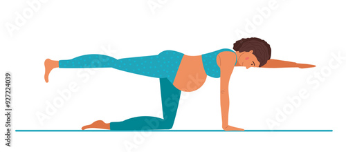 Balancing Table Pose. Health pregnancy. Bird dog exercise. Pregnant woman doing yoga. Woman in sportswear doing floor exercises. Women healthy life style concept. Prenatal Dandayamana Bharmanasana