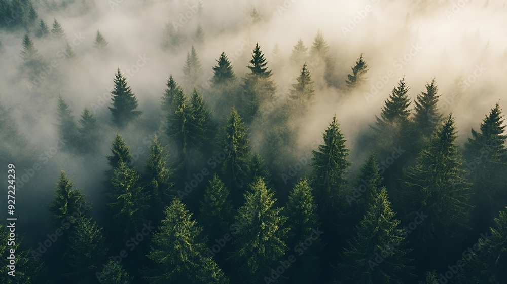 Aerial view of a misty evergreen forest. Aerial view of a misty evergreen forest.
