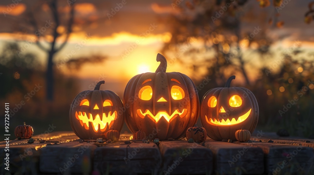 Three Jack-o'-lanterns of varying sizes are sitting on a wooden surface at sunset Three Jack-o'-lanterns of varying sizes are sitting on a wooden surface at sunset