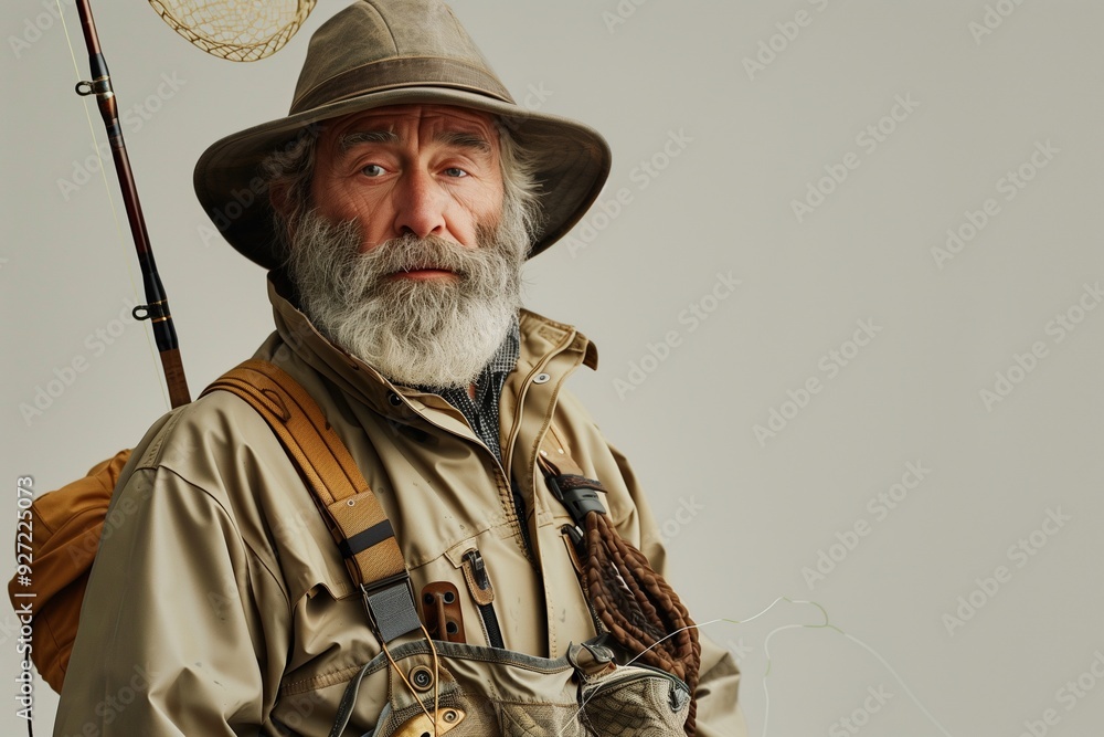 Fototapeta premium A seasoned fly fisherman wearing a brown hat, a tan jacket, and a fishing vest, stands ready with his rod, net, and fly line.