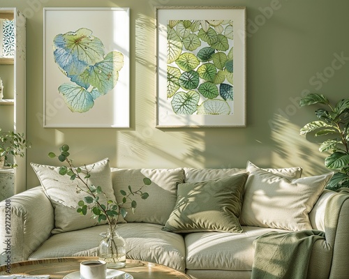 Living Room Interior | Modern Living Room | Modern Living Room with Sofa | Livingroom oom with a Window | Mint green Wall and wall Art Living Room photo