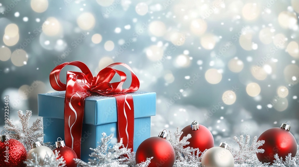 Blue gift box with a red ribbon, adorned with snowflakes, surrounded by red Christmas ornaments, pinecones, and snow, set against a frosty bokeh background Blue gift box with a red ribbon, adorned with snowflakes, surrounded by red Christmas ornaments, pinecones, and snow, set against a frosty bokeh background