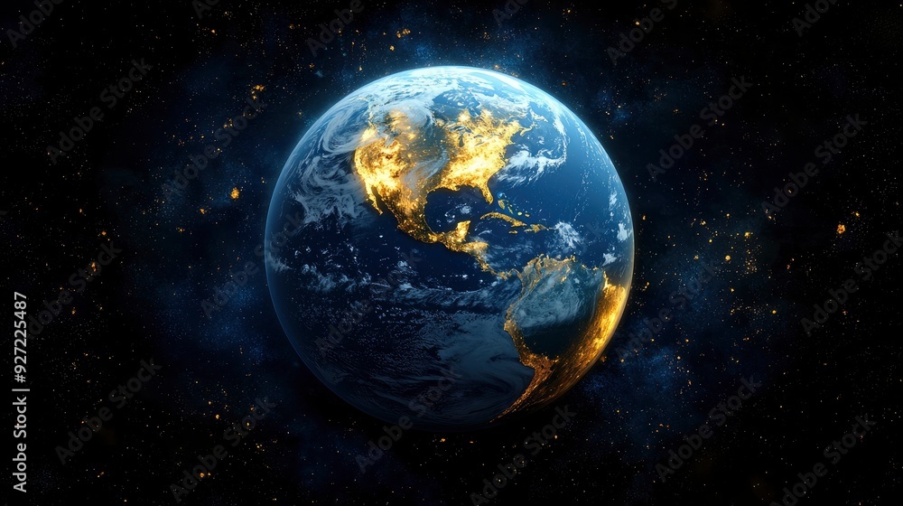 Earth from Space with City Lights and Stars Earth from Space with City Lights and Stars
