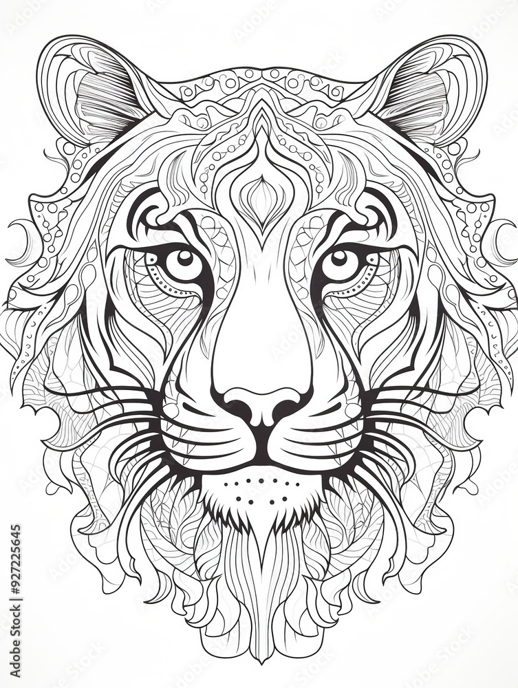 Fototapeta premium Intricate black and white tiger face illustration with ornate, decorative patterns