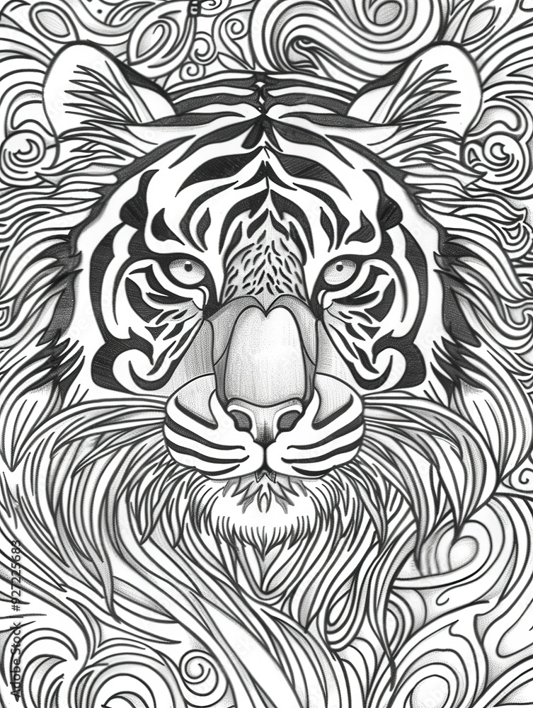 Tiger head in black and white with intricate patterns, forming a detailed mandala design and surrounded by floral elements Tiger head in black and white with intricate patterns, forming a detailed mandala design and surrounded by floral elements