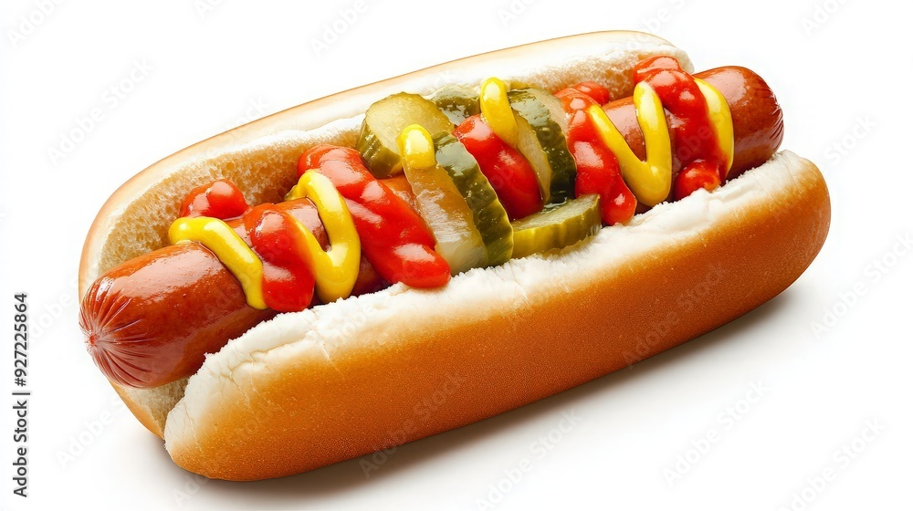 Classic Hot Dog with Mustard, Ketchup and Pickles Classic Hot Dog with Mustard, Ketchup and Pickles