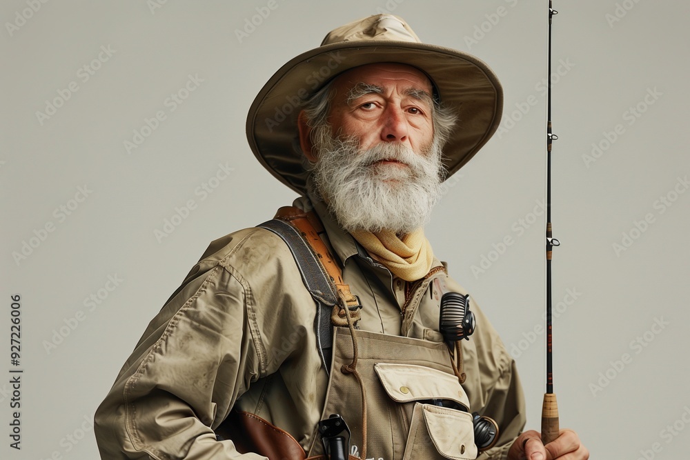 A senior man with a grey beard in a fishing hat, holding a fishing rod and wearing fishing overalls, standing against a white background. A senior man with a grey beard in a fishing hat, holding a fishing rod and wearing fishing overalls, standing against a white background.