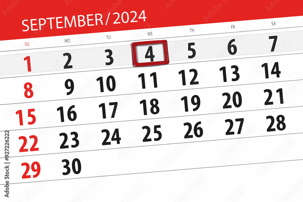 Fototapeta premium Calendar 2024, deadline, day, month, page, organizer, date, September, wednesday, number 4
