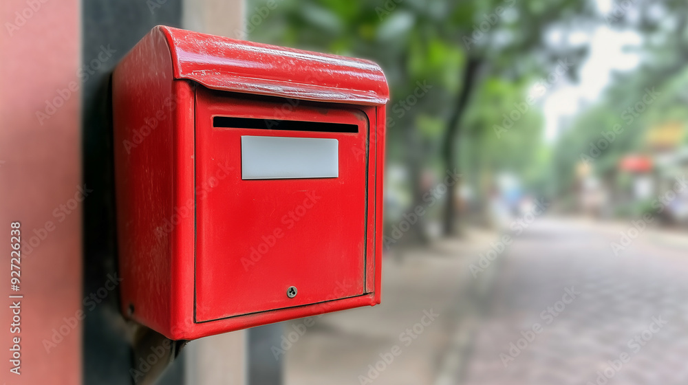 A red mailbox with a white sticker on it A red mailbox with a white sticker on it