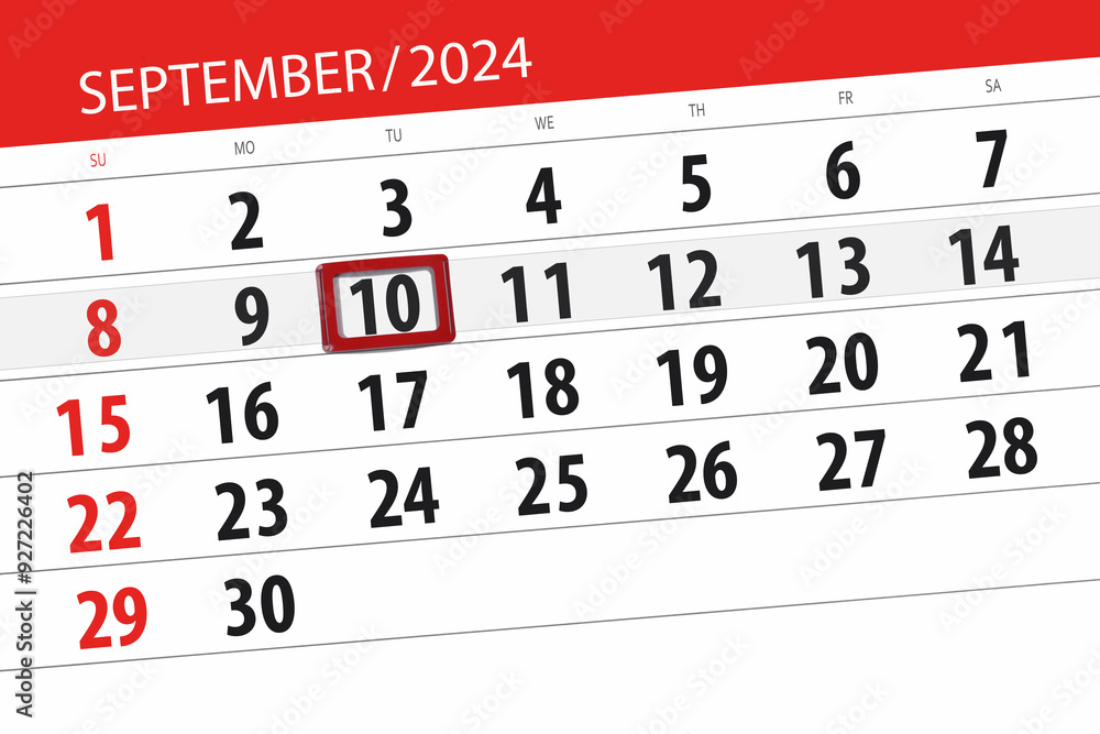 Fototapeta premium Calendar 2024, deadline, day, month, page, organizer, date, September, tuesday, number 10