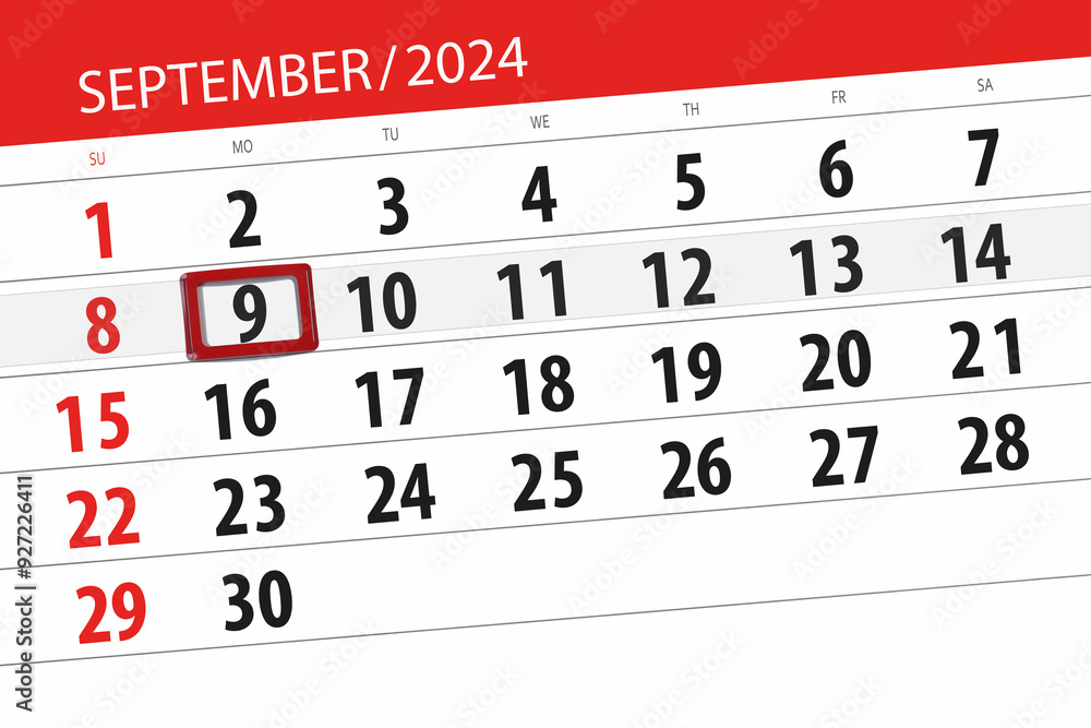 Fototapeta premium Calendar 2024, deadline, day, month, page, organizer, date, September, monday, number 9
