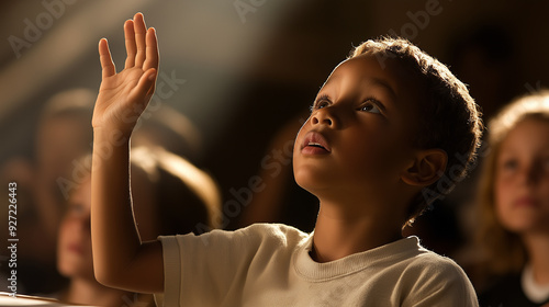 A young boy is looking up at something, possibly a religious figure
