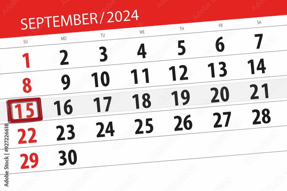 Fototapeta premium Calendar 2024, deadline, day, month, page, organizer, date, September, sunday, number 15