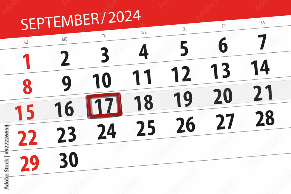 Fototapeta premium Calendar 2024, deadline, day, month, page, organizer, date, September, tuesday, number 17