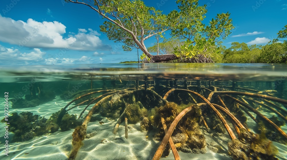 Fototapeta premium A tranquil mangrove forest with roots submerged in clear water, reflecting the sky above and showcasing the ecosystem's rich biodiversity.